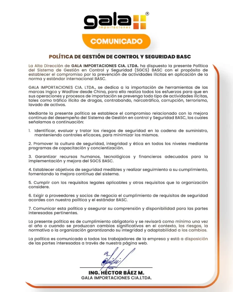 Política del Sistema de Gestión en Control y Seguridad BASC