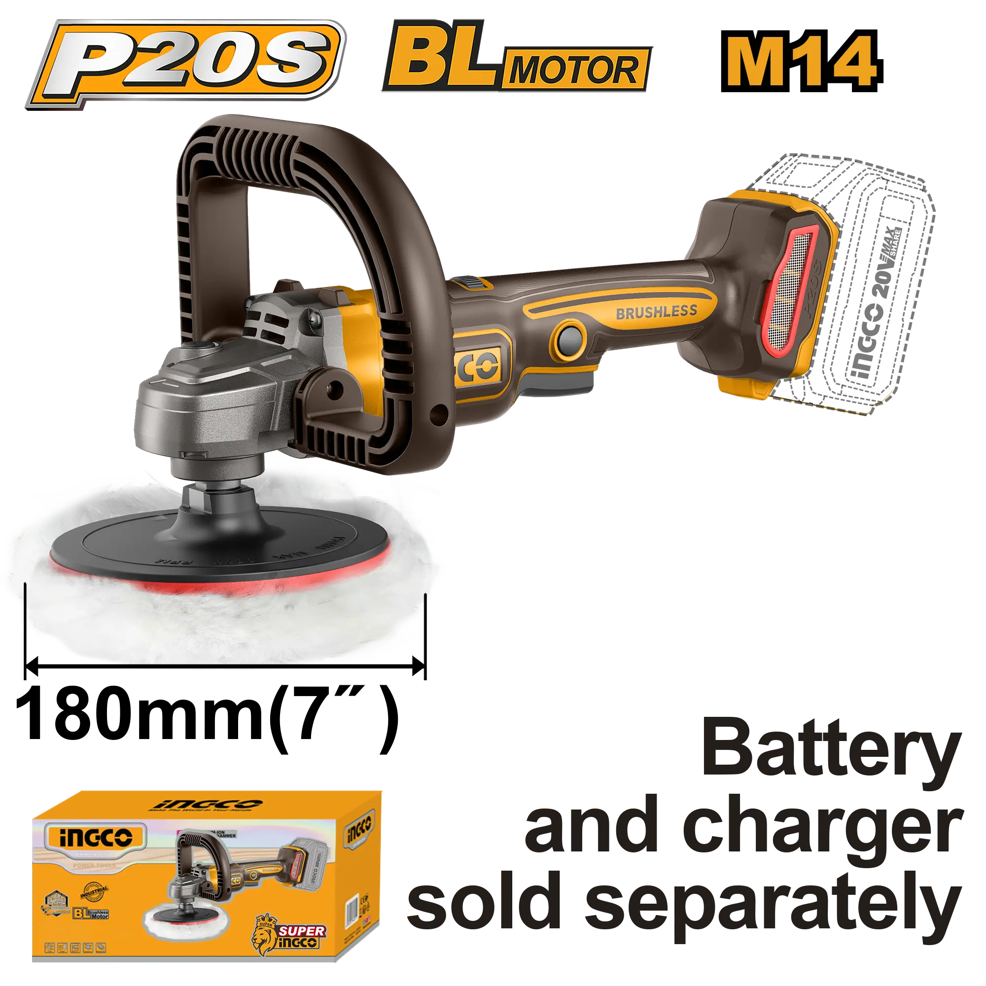 PULIDORA INALAMBRICA 180MM BL 20V 2500RPM INGCO