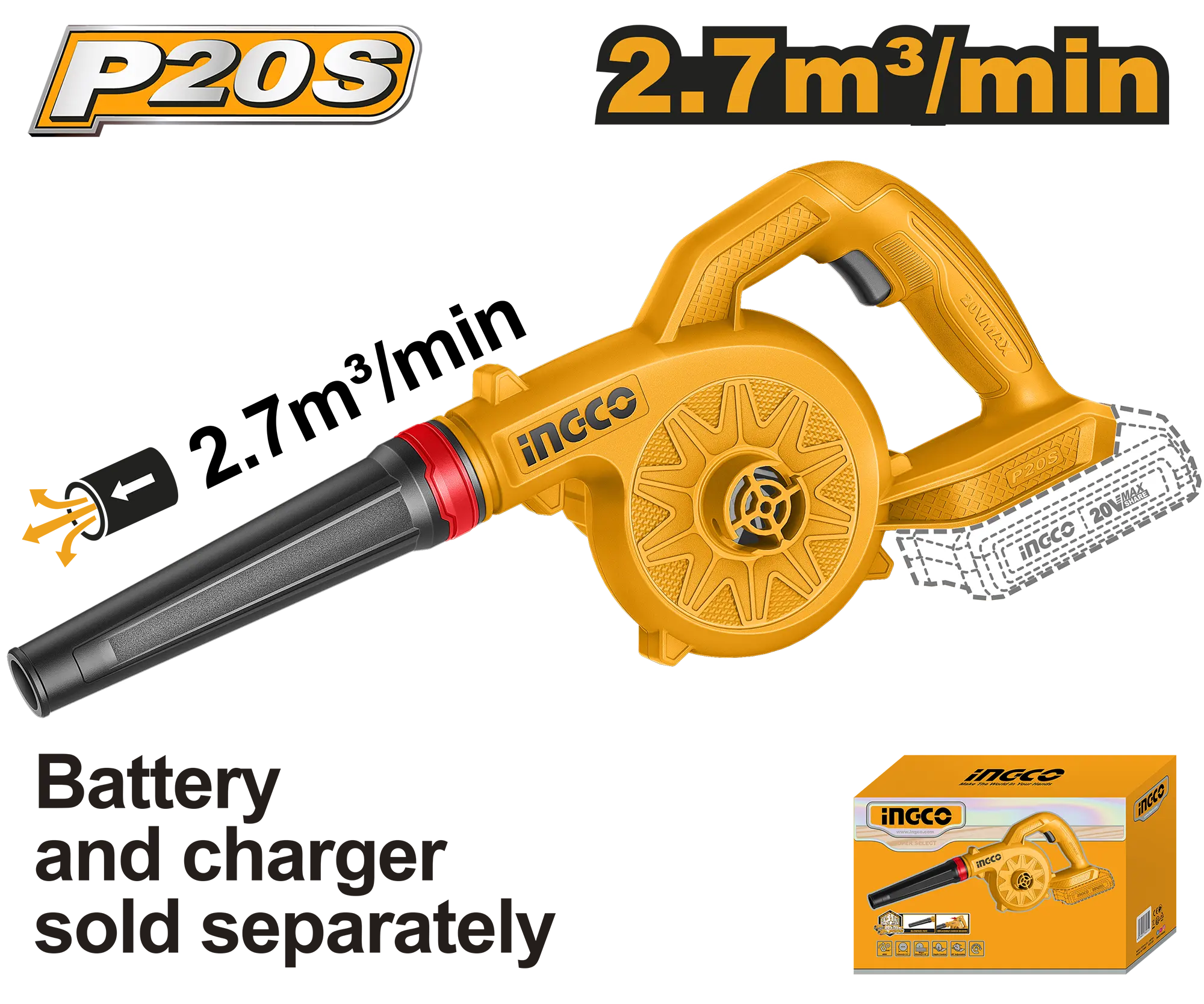 SOPLADOR INALAMBRICO 20V 18000 RPM 2,7M3/MIN INGCO