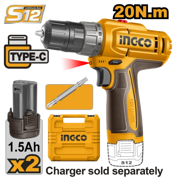 TALADRO INALAMBRICO 3/8" 12V 20N.M + 2 BAT 1.5AH + MALETA