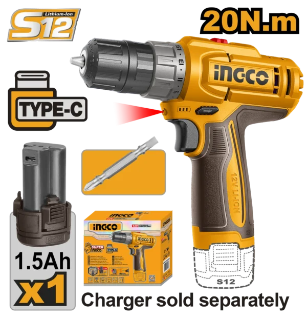 TALADRO INALAMBRICO 3/8" 12V 20N.M + 1 BAT 1.5AH + MALETA
