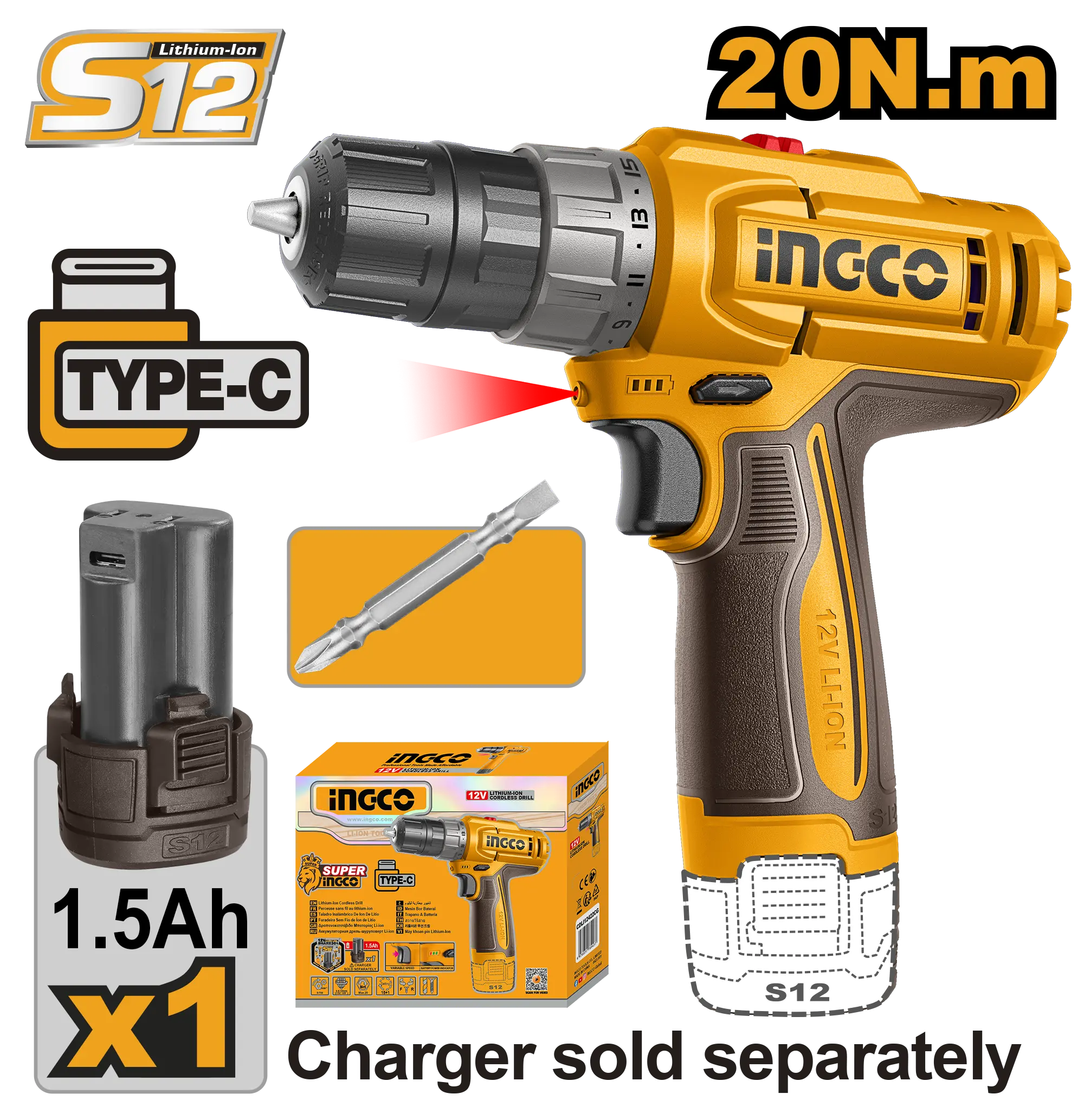 TALADRO INALAMBRICO 3/8" 12V 20N.M + 1 BAT 1.5AH + MALETA INGCO
