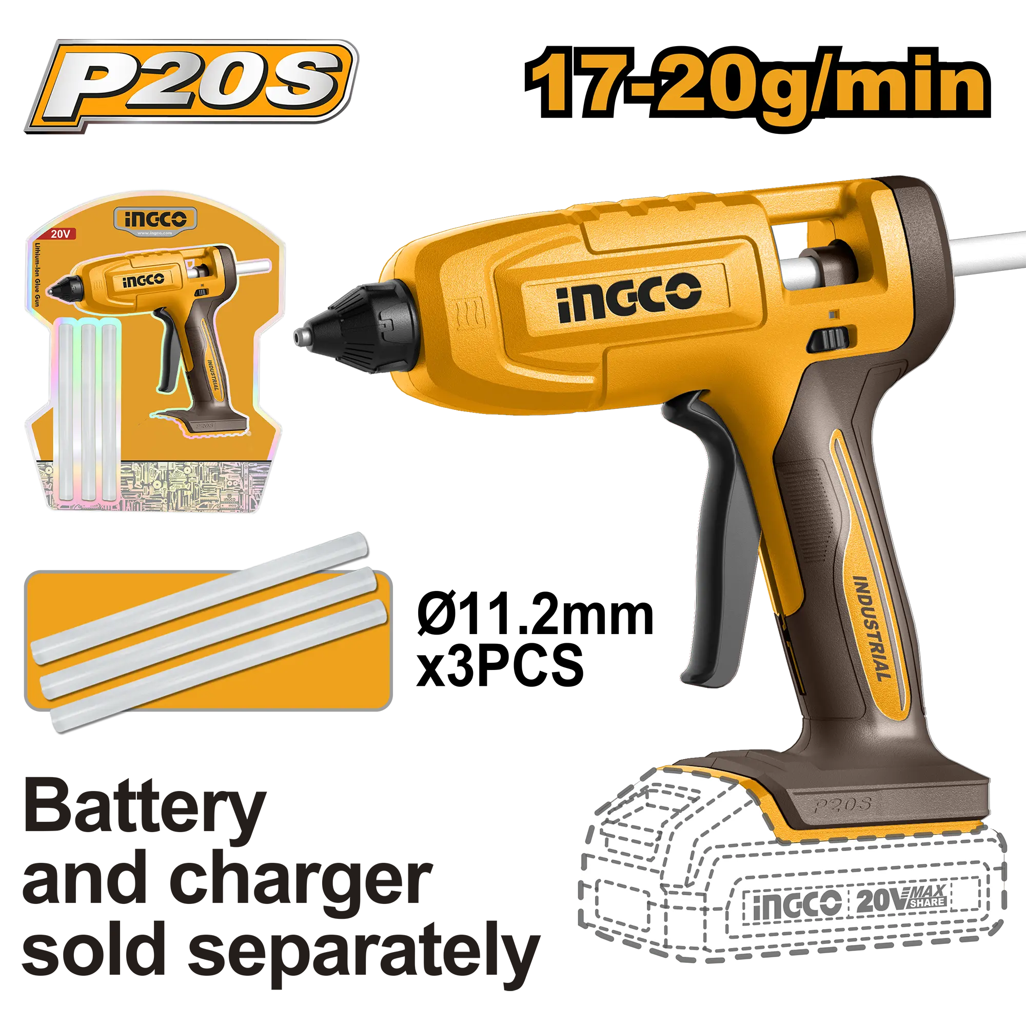 PISTOLA DE SILICON INALAMBRICA 20V 17-20G/MIN INGCO