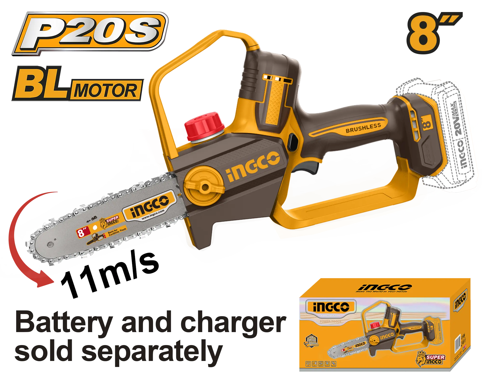 MOTOSIERRA DE IONES DE LITIO 8" BL 20V 11M/S INGCO