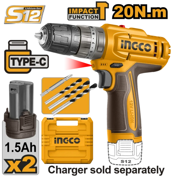 TALADRO DE IMPACTO 3/8" 12V 20N.M + 2 BAT 1.5AH + MALETA