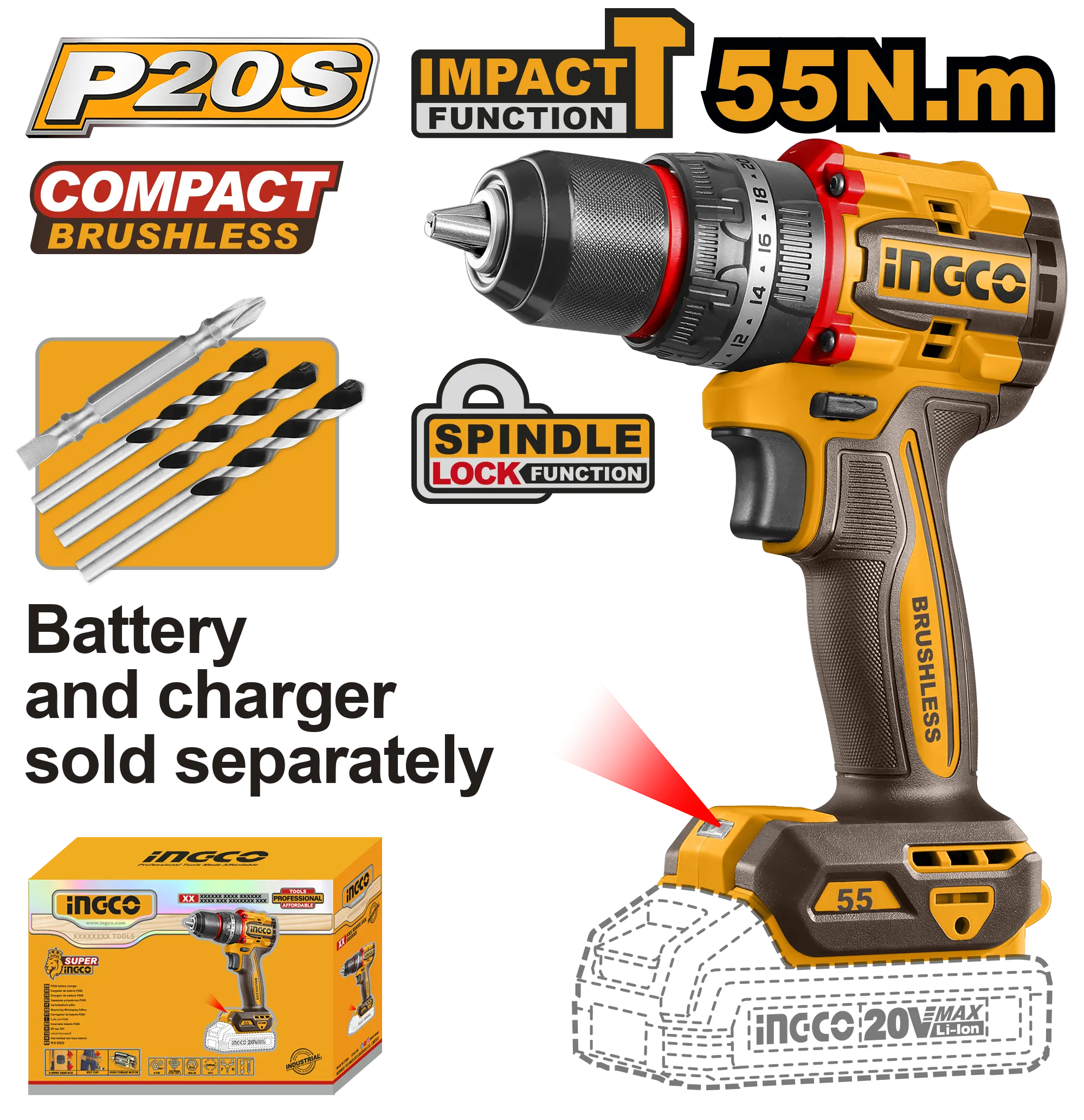 TALADRO DE IMPACTO 1/2" BL 20V 55N.M INGCO