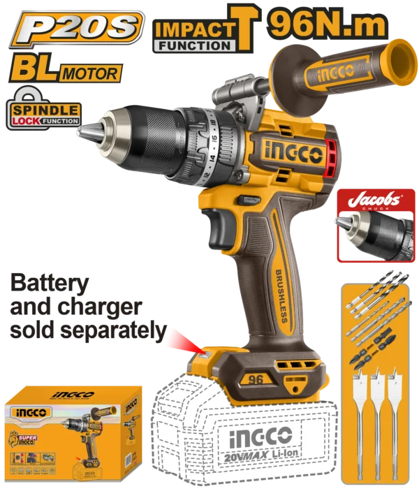 TALADRO DE IMPACTO CON MANGO 1/2'' BL 20V 96N.M