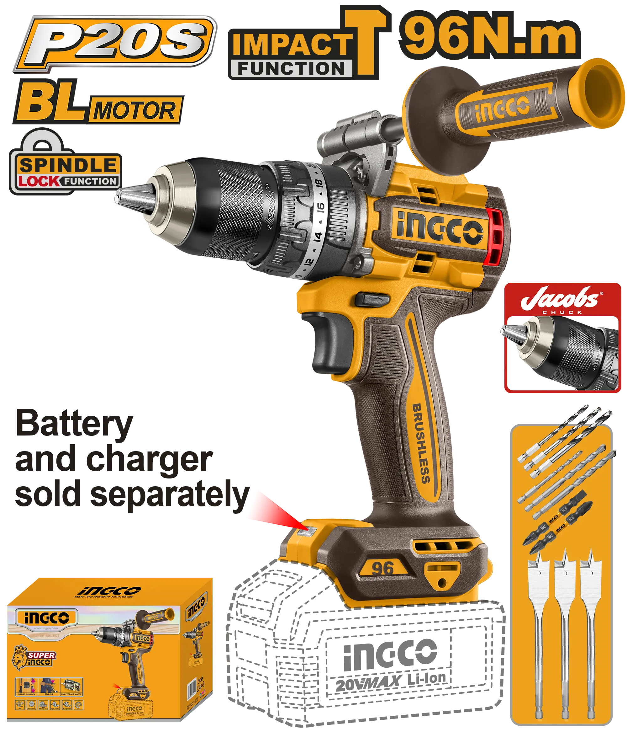 TALADRO DE IMPACTO CON MANGO 1/2'' BL 20V 96N.M INGCO