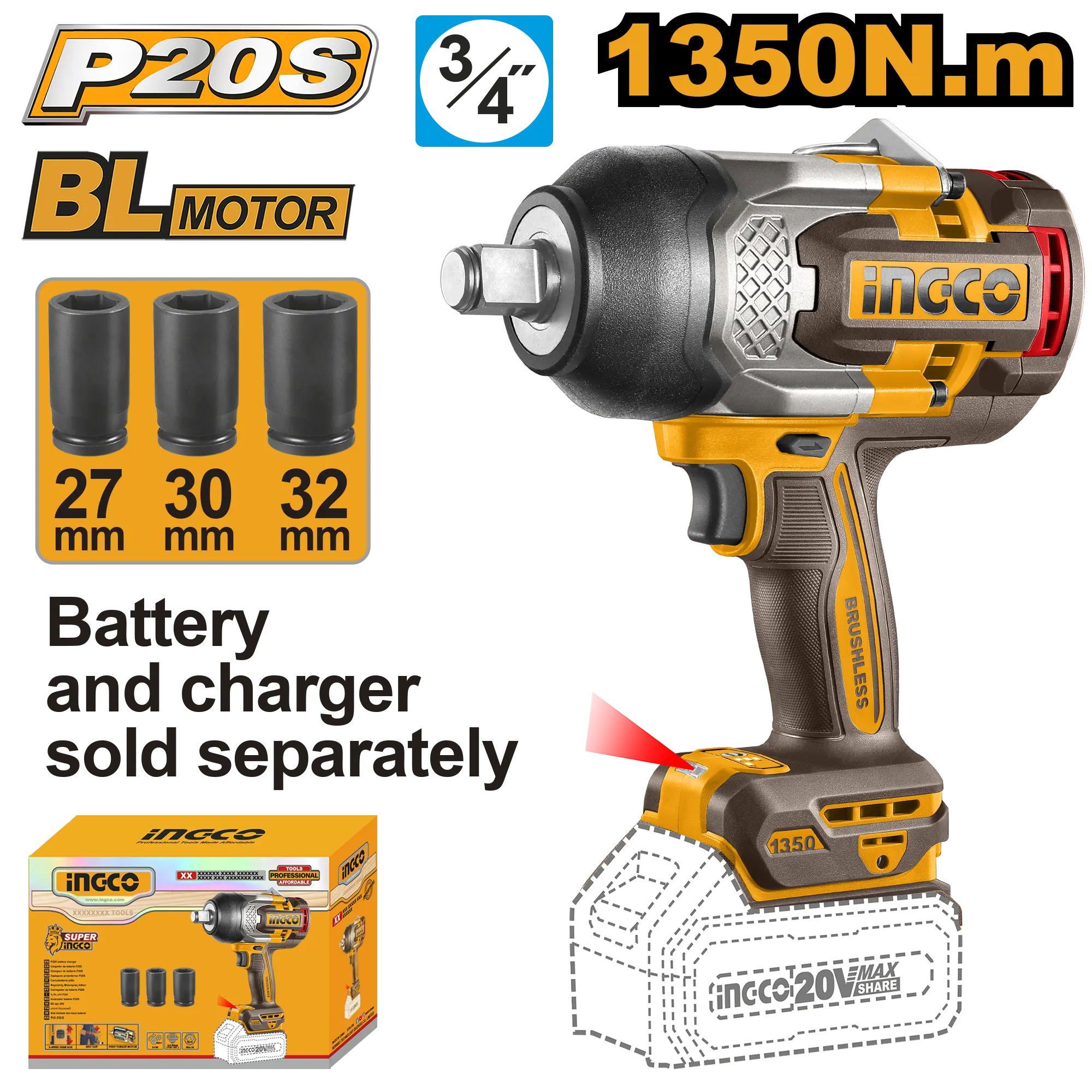 LLAVE DE IMPACTO INALAMBRICA 3/4" BL 20V 1350N.M INGCO