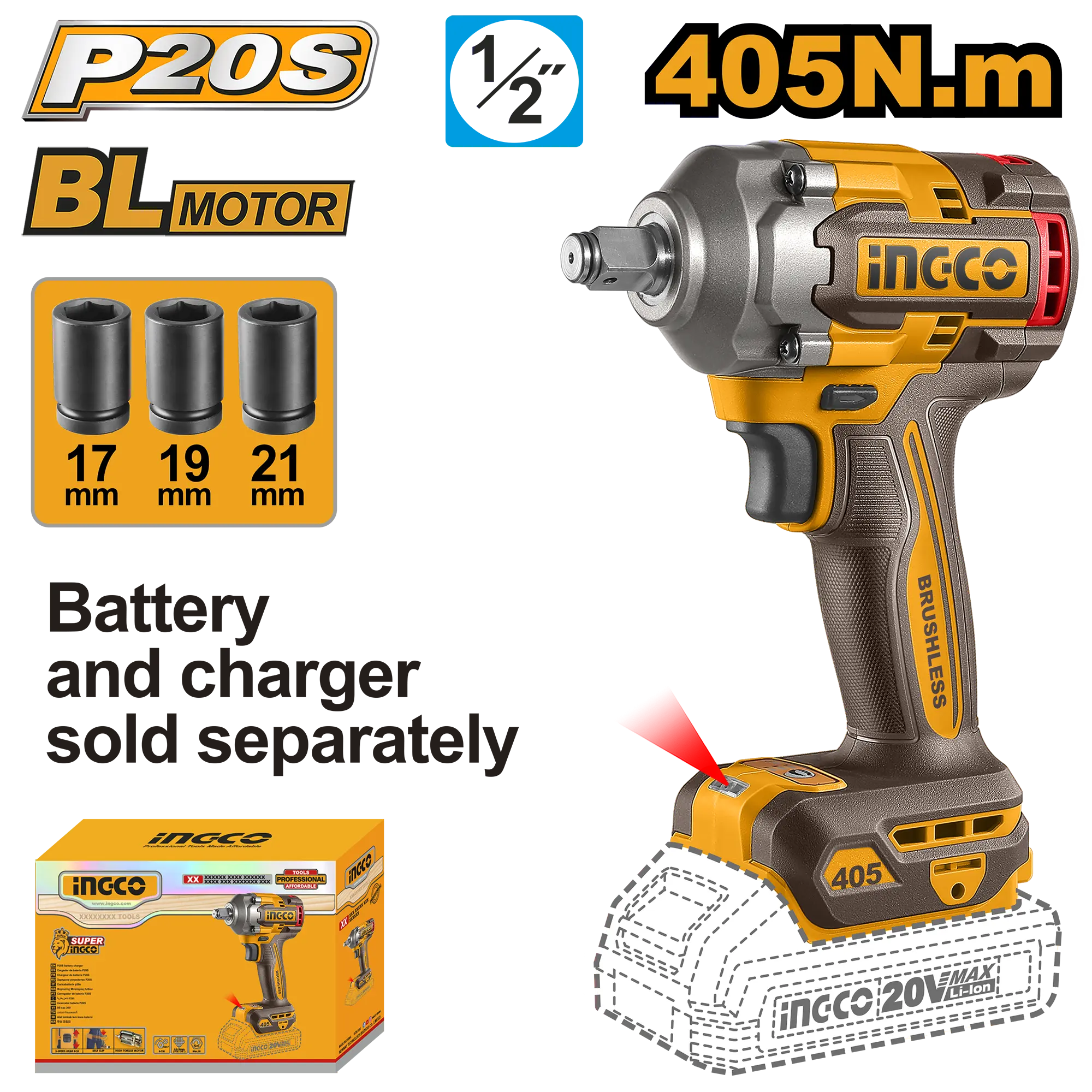 LLAVE DE IMPACTO INALAMBRICA 1/2" BL 20V 405N.M INGCO