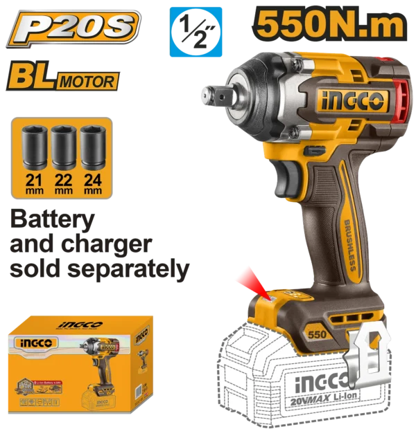LLAVE DE IMPACTO INALAMBRICA 1/2" BL 20V 550N.M