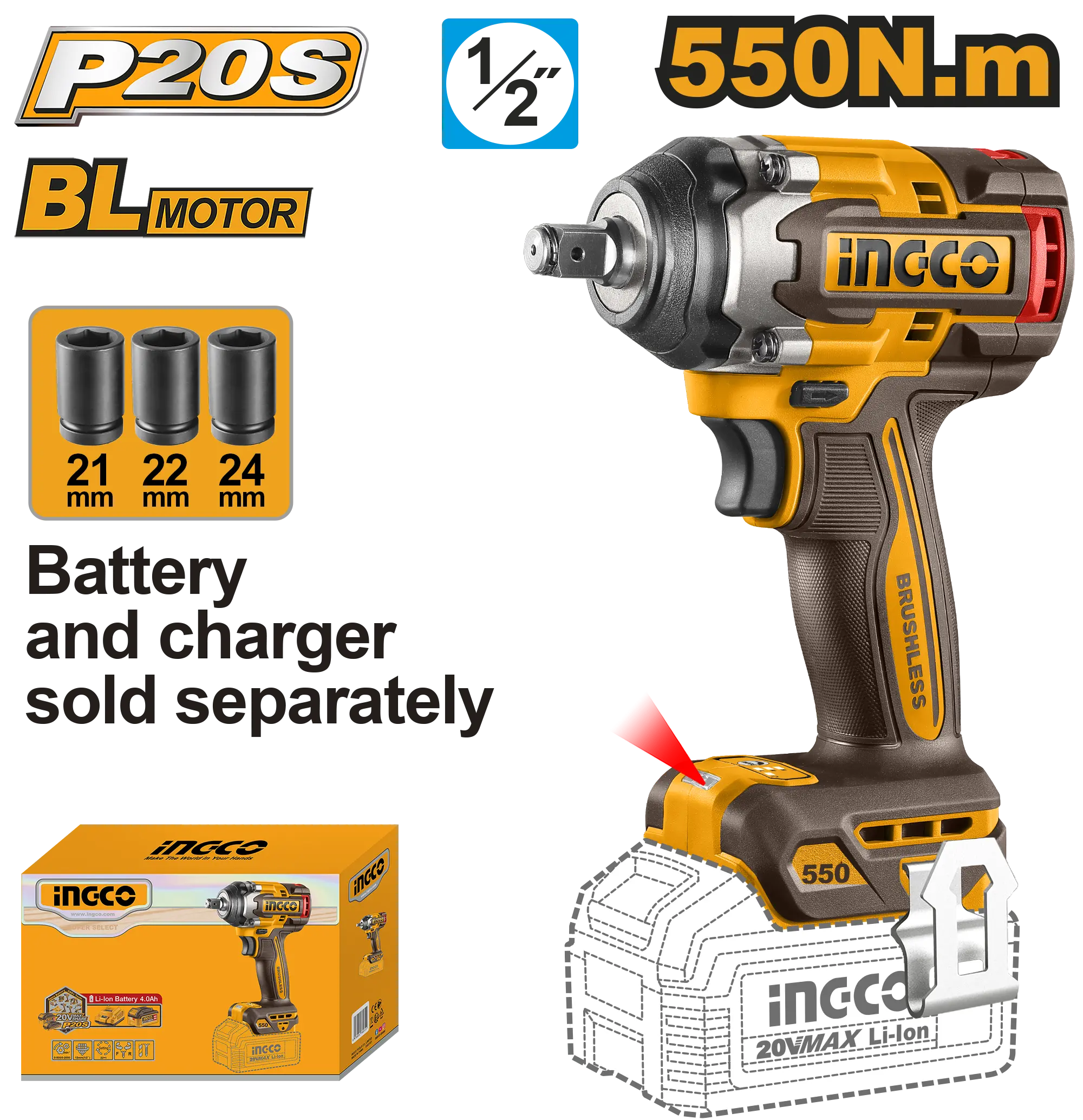 LLAVE DE IMPACTO INALAMBRICA 1/2" BL 20V 550N.M INGCO