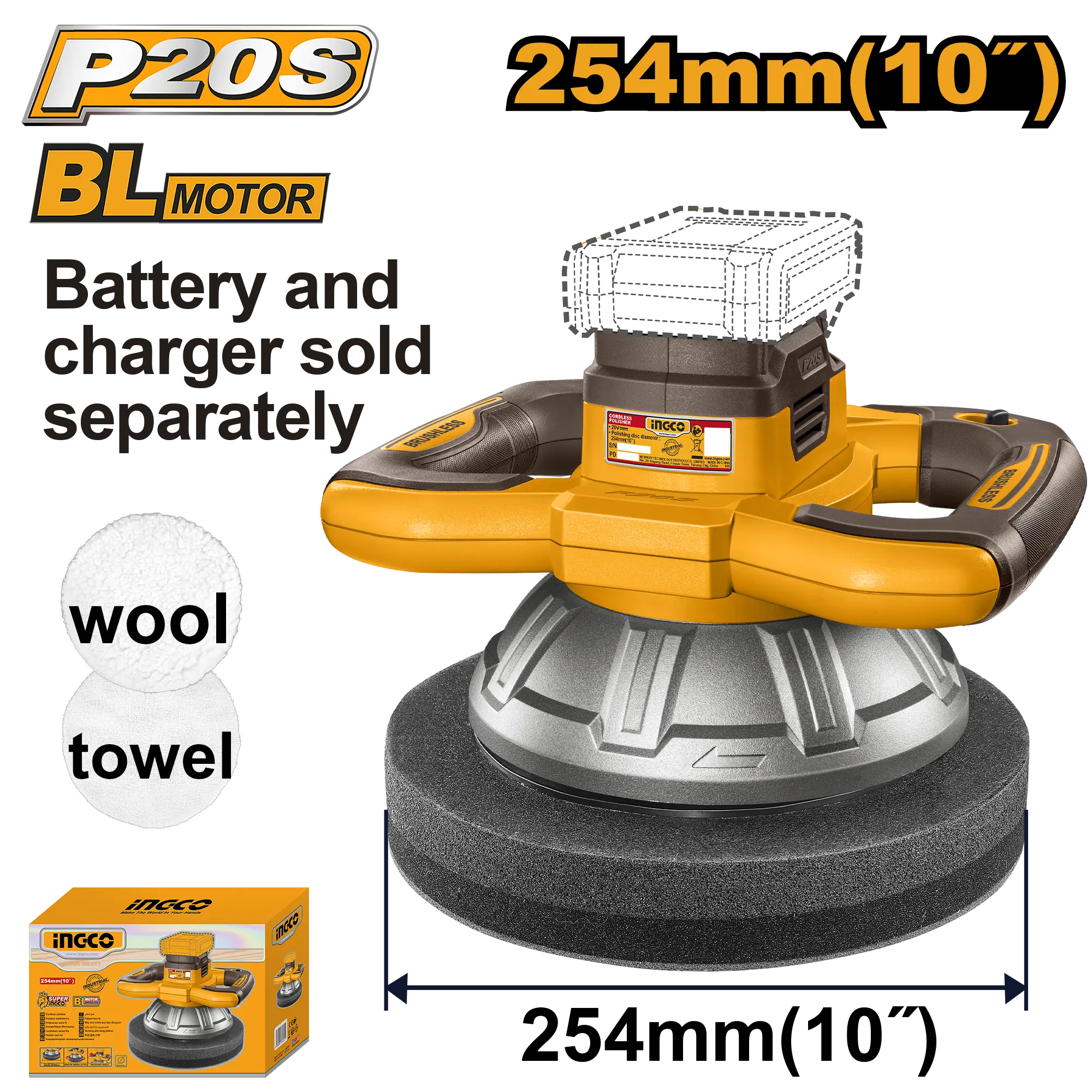 PULIDORA INALAMBRICA ORBITAL 254MM BL 20V 2500RPM INGCO