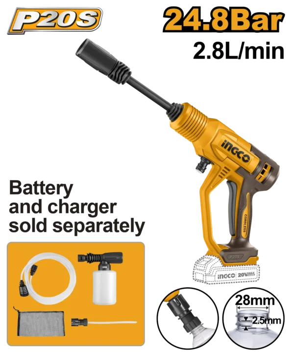 HIDROLAVADORA A PRESIÓN INALAMBRICA 20V 2,8L/MIN