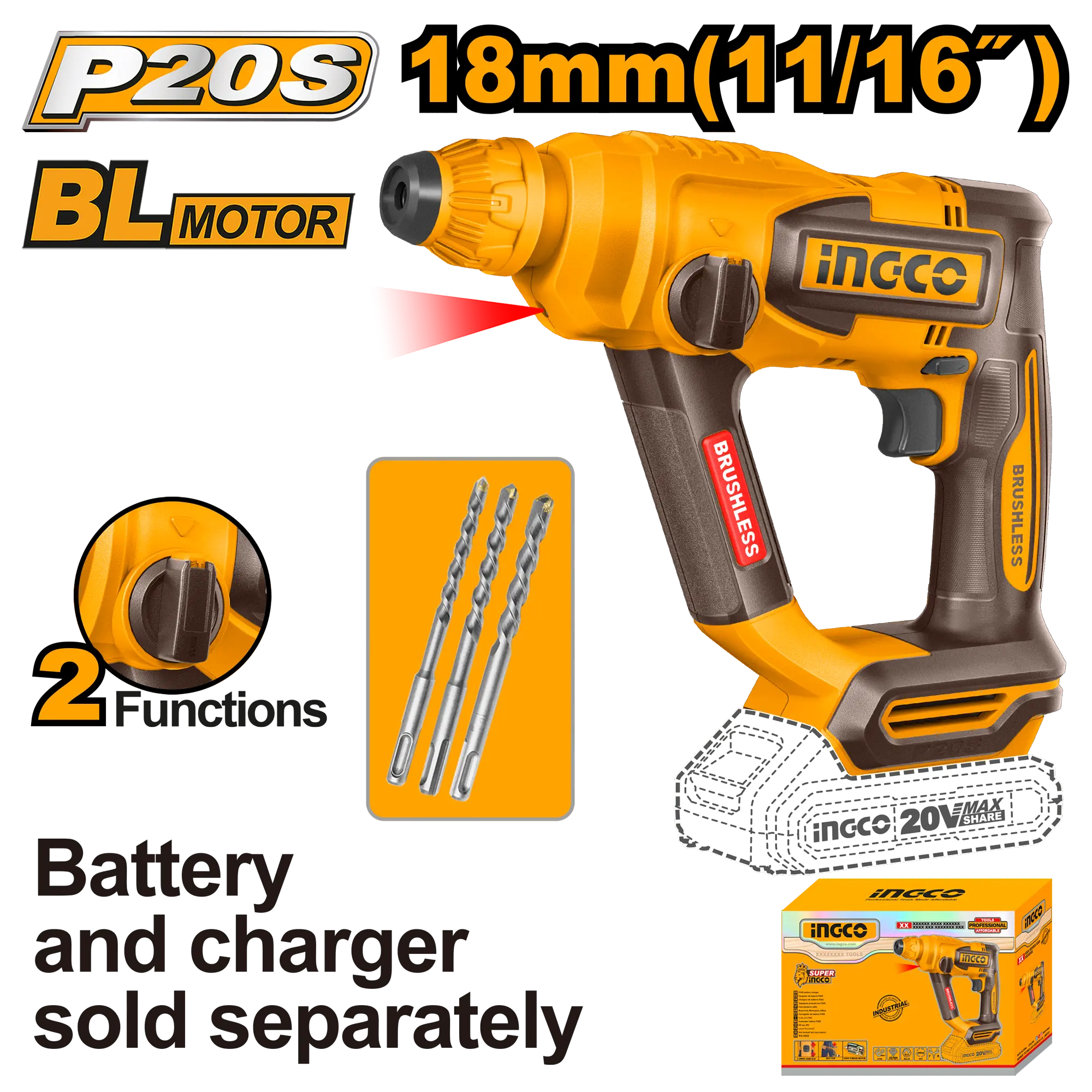 ROTOMARTILLO 11/16" BL 20V 1,8J INGCO