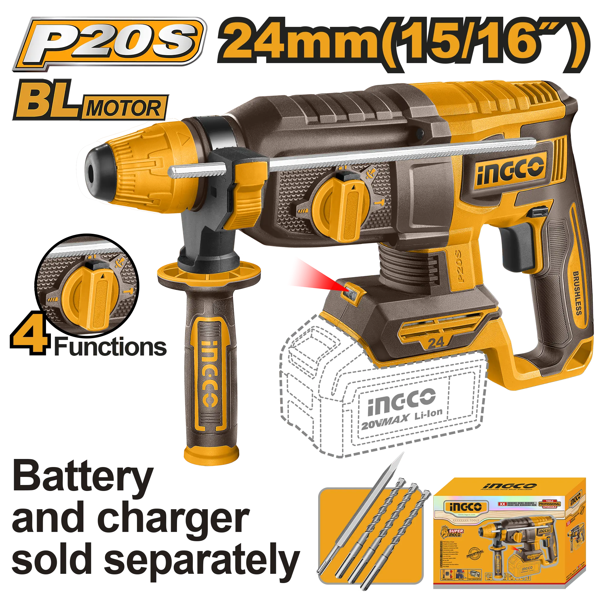 ROTOMARTILLO 15/16" BL 20V 2,4J INGCO