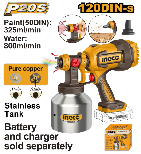 PISTOLA ROCIADORA INALAMBRICA 800ML/MIN VASO METALICO 20V