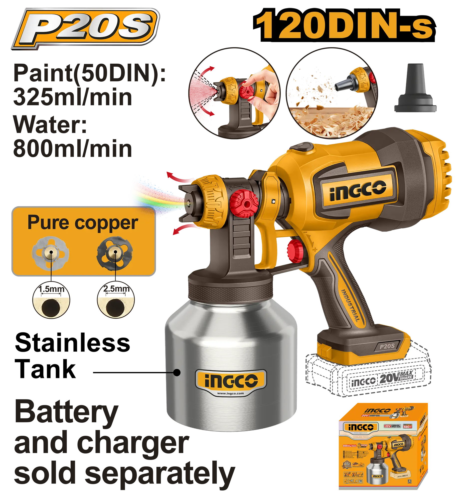 PISTOLA ROCIADORA INALAMBRICA 800ML/MIN VASO METALICO 20V INGCO