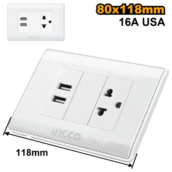 TOMACORRENTE SIMPLE 3 PATAS CON 2 PUERTOS USB 16A 250V~ COLOR BLANCO