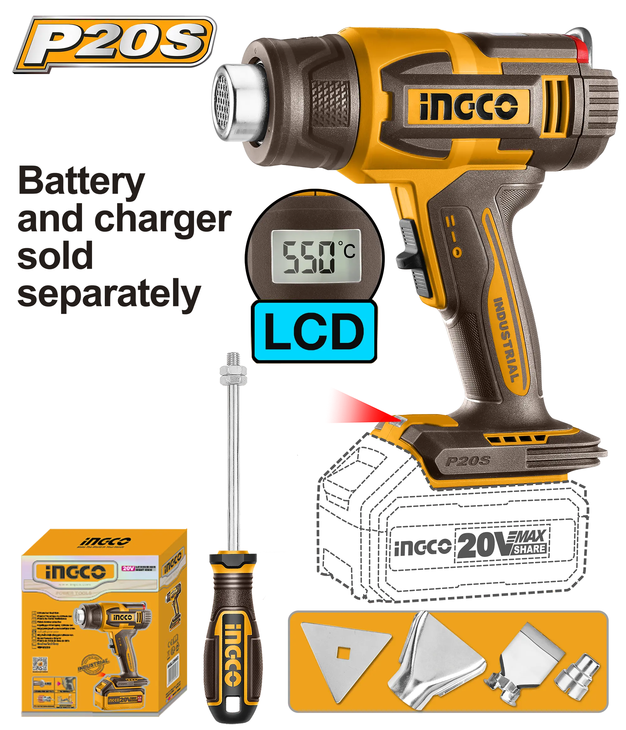 PISTOLA DE CALOR INALAMBRICA 300/550°C 20V INGCO,