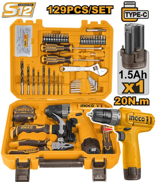JUEGO DE HERRAMIENTAS 129 PIEZAS CON TALADRO INALAMBRICO 12V 20N.M