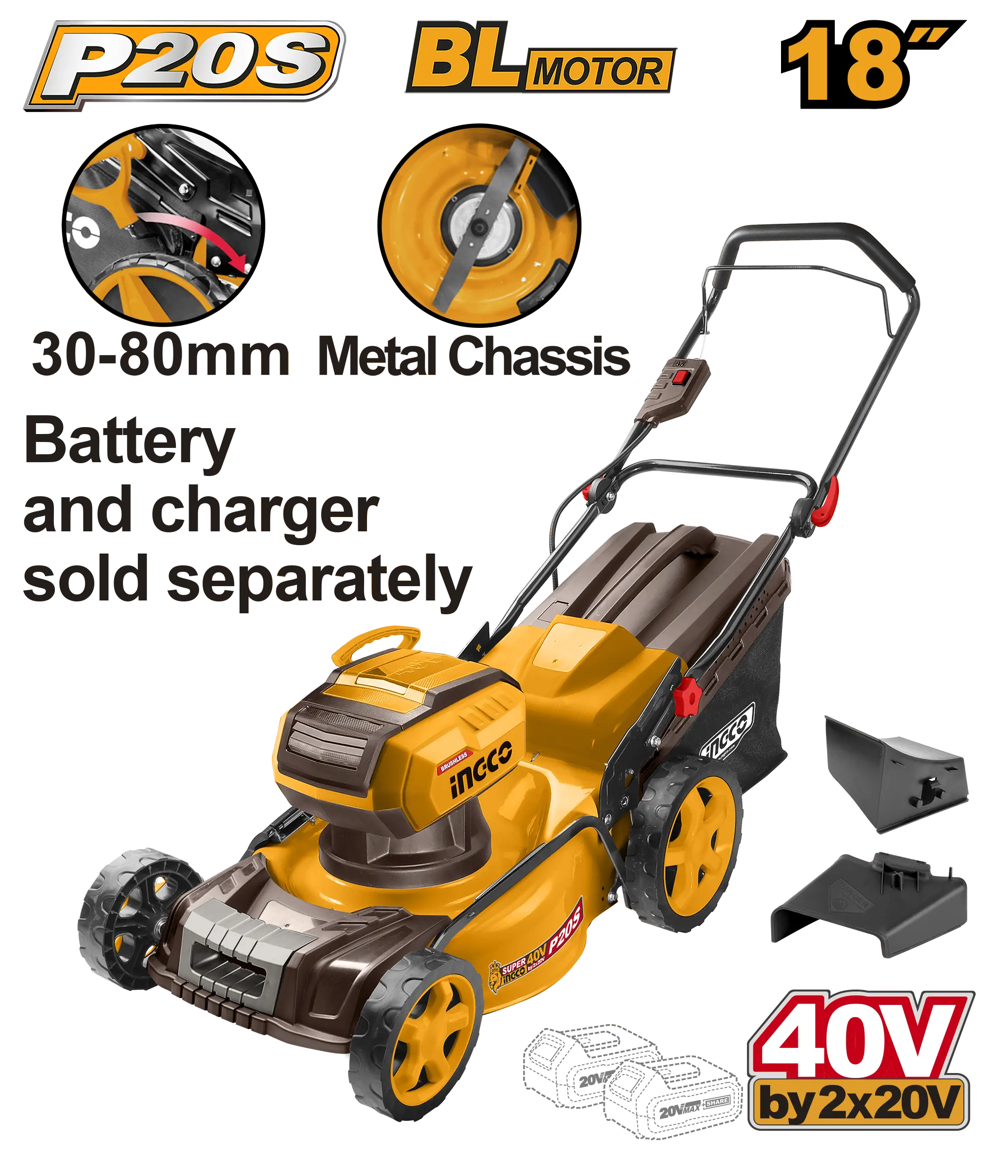 PODADORA DE CESPED DE IONES DE LITIO 18" BL 40V 2800RPM INGCO