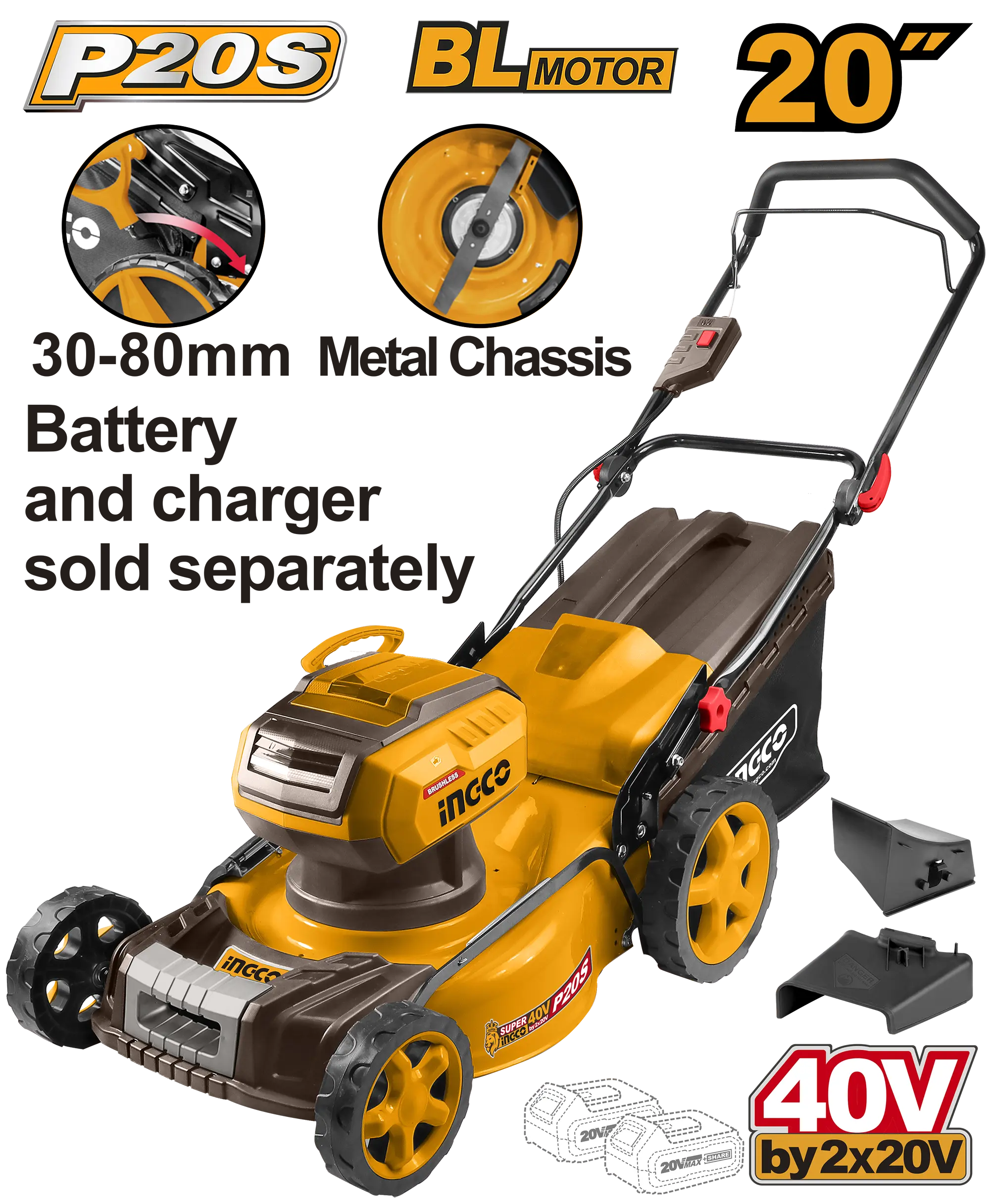 PODADORA DE CESPED DE IONES DE LITIO 20" BL 40V 2800RPM INGCO