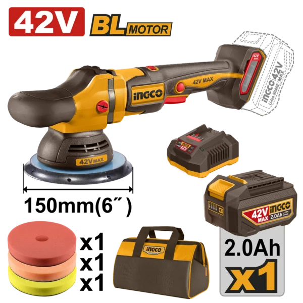 PULIDORA INALAMBRICA 150MM BL 42V 4500RPM + 1 BAT 2.0AH + CARG + BOLSA