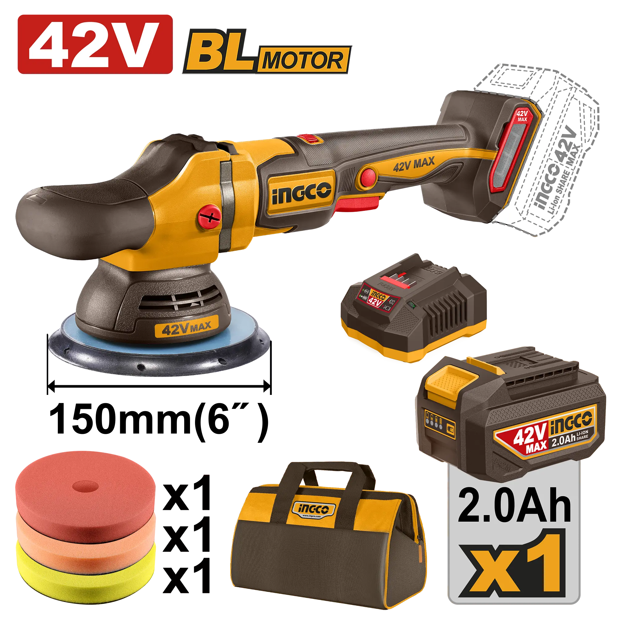PULIDORA INALAMBRICA 150MM BL 42V 4500RPM + 1 BAT 2.0AH + CARG + BOLSA INGCO