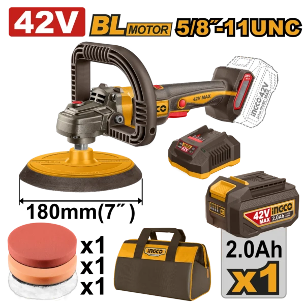 PULIDORA INALAMBRICA 180MM BL 42V 2500RPM + 1 BAT 2.0AH + CARG + BOLSA