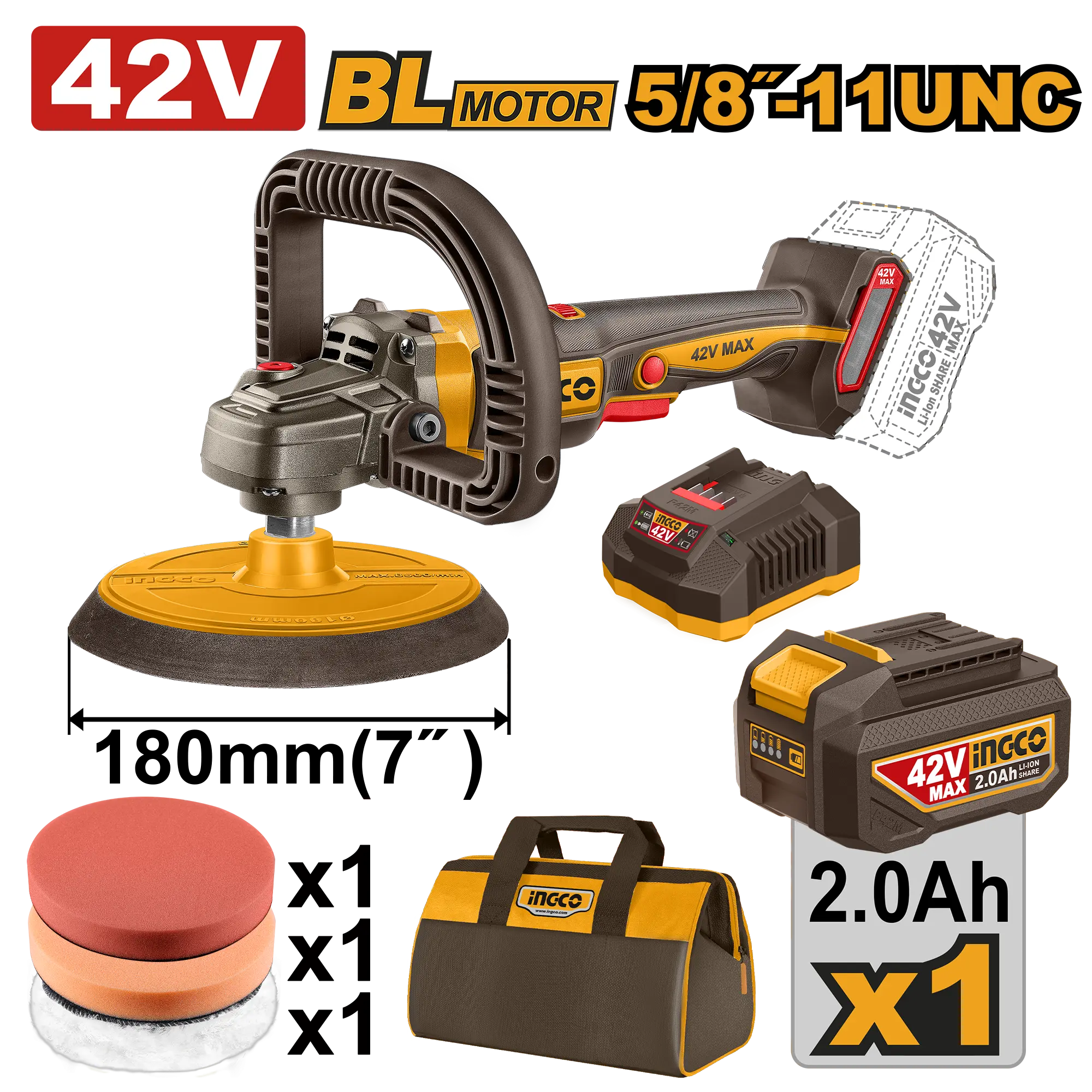 PULIDORA INALAMBRICA 180MM BL 42V 2500RPM + 1 BAT 2.0AH + CARG + BOLSA INGCO