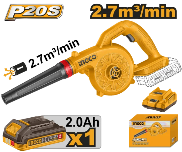 SOPLADOR INALAMBRICO 20V 18000RPM 2,7M3/MIN + 1 BAT 2.0AH + CARG