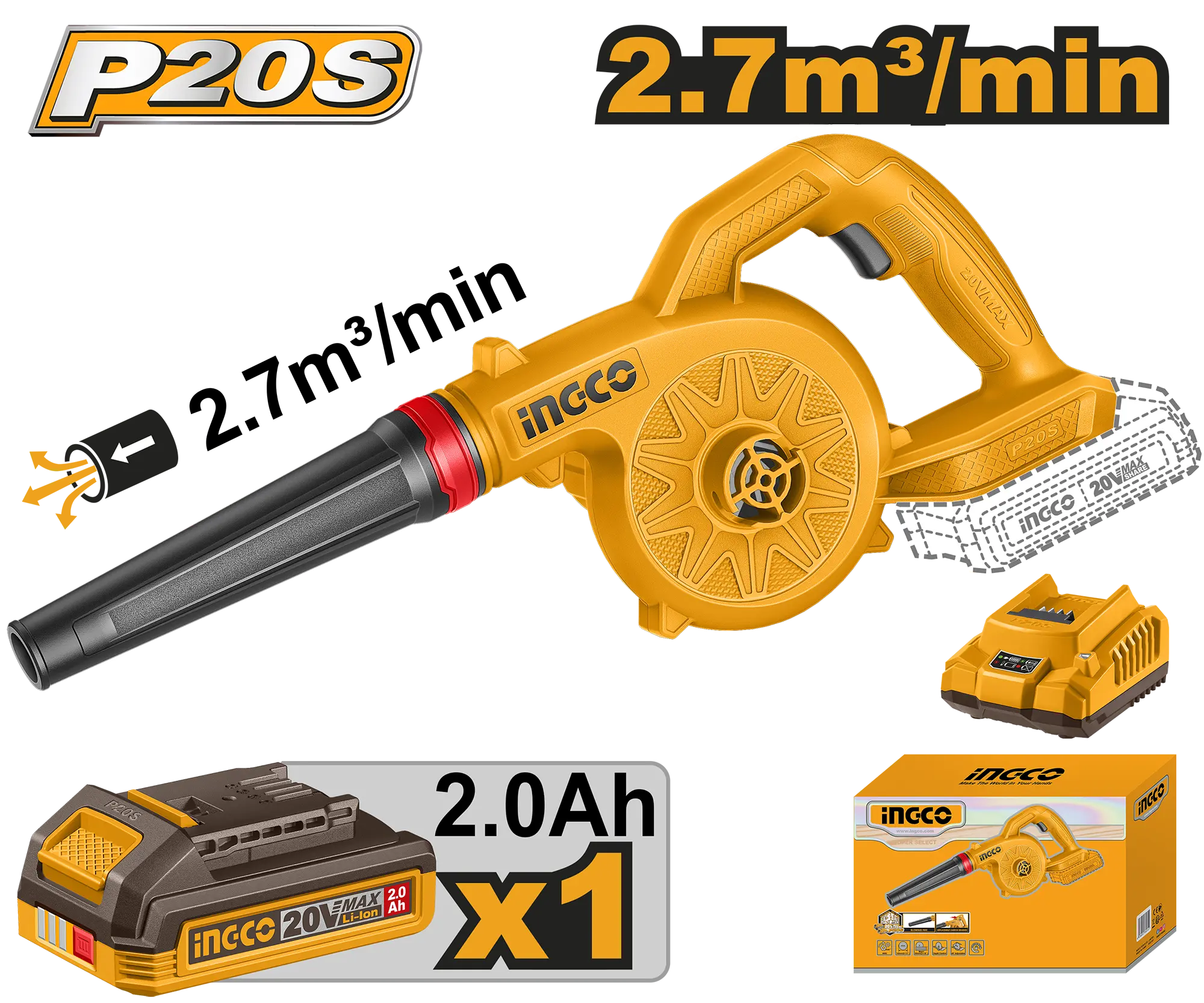 SOPLADOR INALAMBRICO 20V 18000RPM 2,7M3/MIN + 1 BAT 2.0AH + CARG INGCO