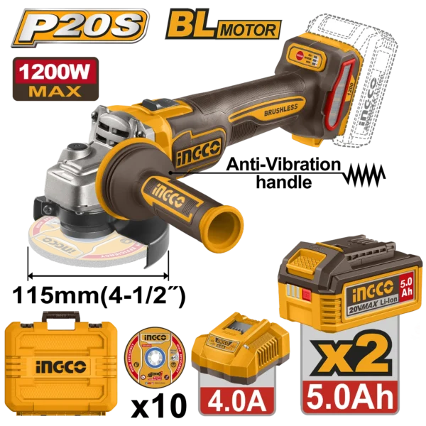 AMOLADORA ANGULAR 4-1/2" BL 20V 1200W + 2 BAT 5.0AH + CARG + MALETA