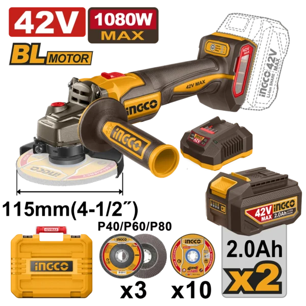 AMOLADORA ANGULAR 4-1/2 BL 42V + 2 BAT 2.0AH + CARG + MALETA