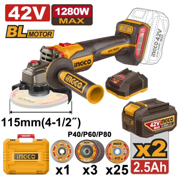 AMOLADORA ANGULAR 4-1/2 BL 42V 1280W + 2 BAT 2.5AH + CARG + MALETA