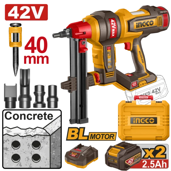 CLAVADORA INALAMBRICA DE IONES DE LITIO PARA HORMIGON 19-40MM BL 42V + 2 BAT 2.5AH + CARG + MALETA