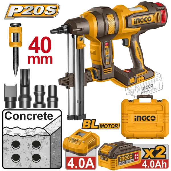 CLAVADORA INALAMBRICA DE IONES DE LITIO PARA HORMIGON 19-40MM 20V + 2 BAT 4.0AH + CARG + MALETA
