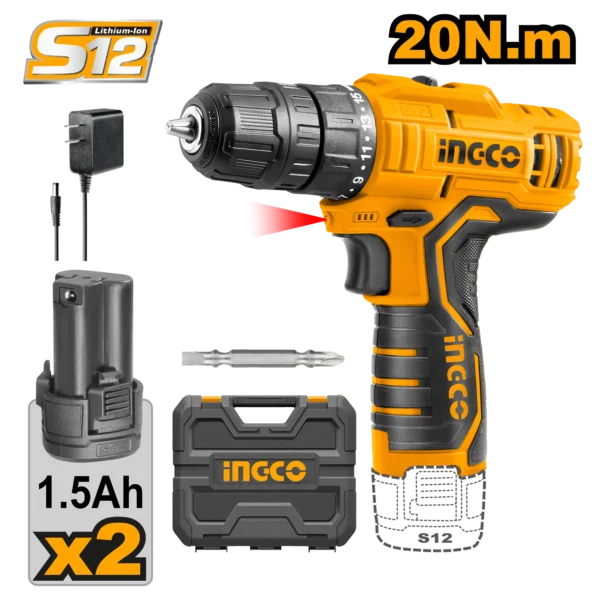 TALADRO INALAMBRICO 3/8"" 12V 20N.M + 2 BAT 1.5AH + CARG + MALETA