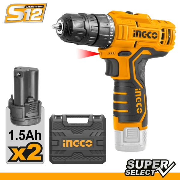 TALADRO INALAMBRICO 3/8"" 12V 20NM + 2 BAT 1.5AH + CARG + MALETA
