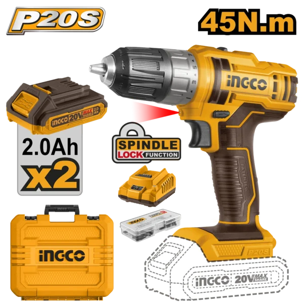 TALADRO INALÁMBRICO DE IONES DE LITIO 3/8"" 20V 45N.M + 2 BAT 2.0AH + CARG + MALETA
