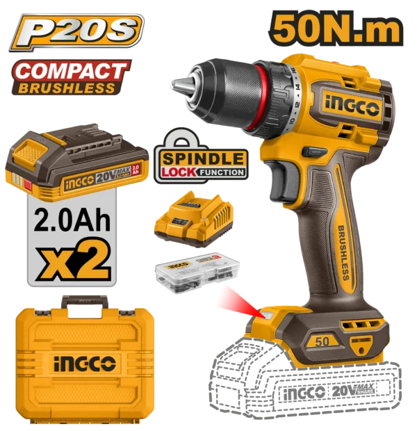 TALADRO INALAMBRICO 1/2" BL 20V 50N.M + 2 BAT 2.0AH + CARG + MALETA