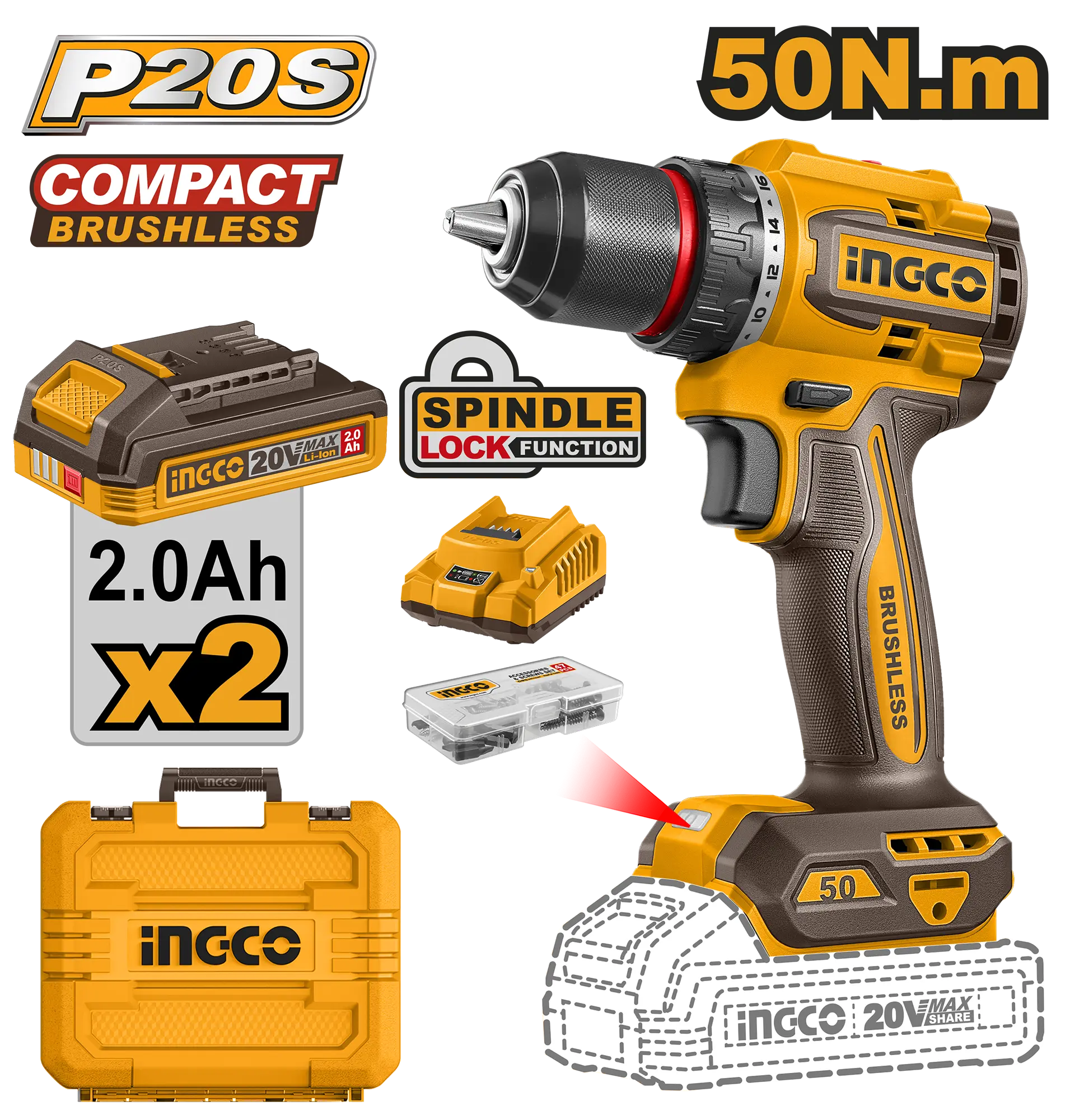 TALADRO INALAMBRICO 1/2" BL 20V 50N.M + 2 BAT 2.0AH + CARG + MALETA INGCO