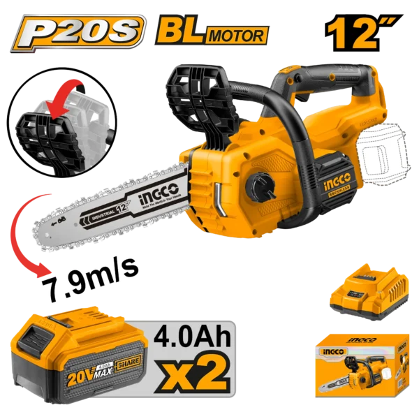 MOTOSIERRA DE IONES DE LITIO 12"" 7,9M/S BL 20V + 2 BAT 4.0AH + CARG