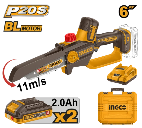 MOTOSIERRA DE IONES DE LITIO 6" BL 20V 11M/S + 2 BAT 2.0AH + CARG + MALETA