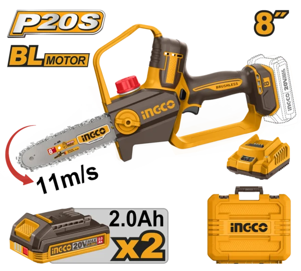 MOTOSIERRA DE IONES DE LITIO 8" 11M/S BL 20V + 2 BAT 2.0AH + CARG