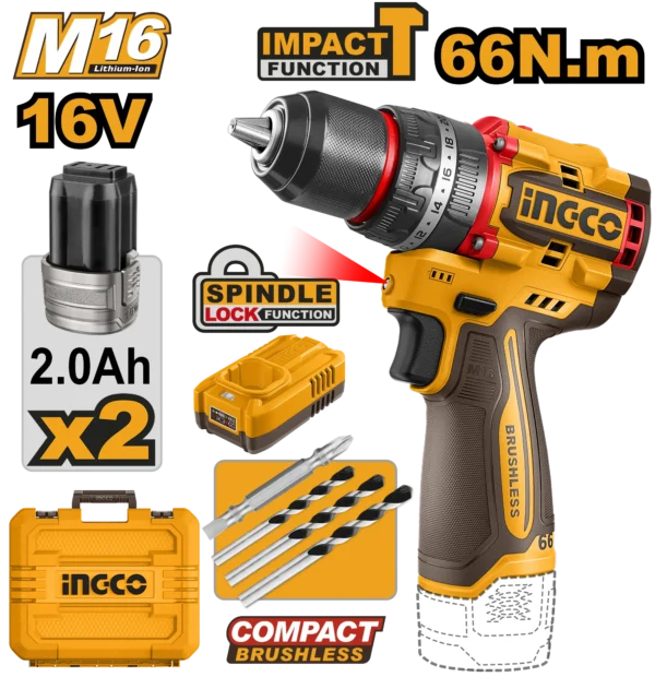 TALADRO DE IMPACTO 1/2" 16V 66N.M + 2 BAT 2.0AH + CARG + MALETA