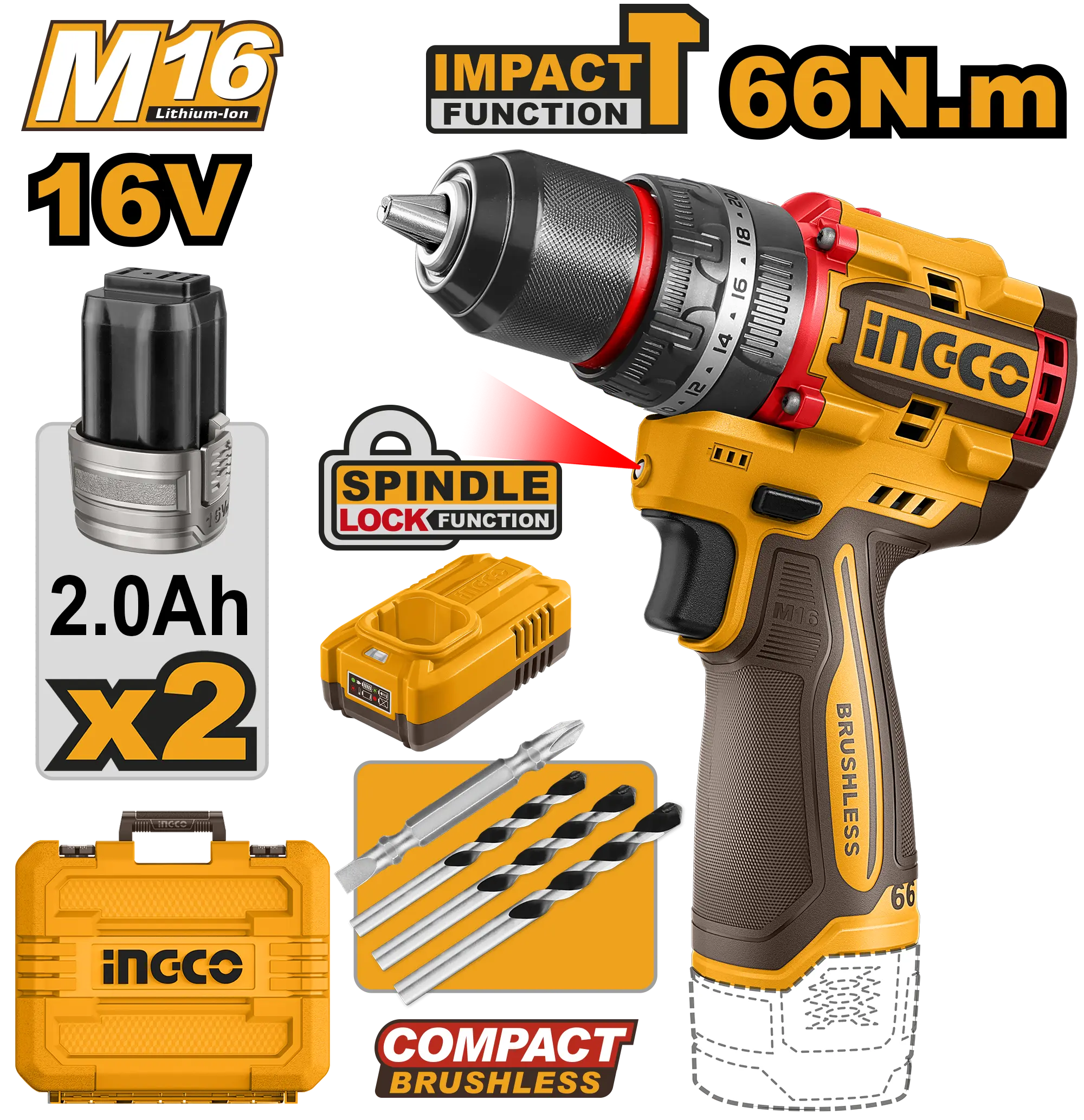 TALADRO DE IMPACTO 1/2" 16V 66N.M + 2 BAT 2.0AH + CARG + MALETA INGCO