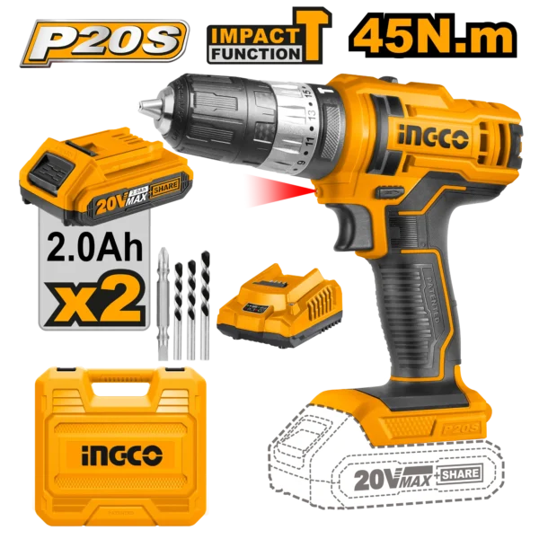 TALADRO DE IMPACTO 3/8"" 20V 45N.M + 2 BAT 2.0AH + CARG + MALETA