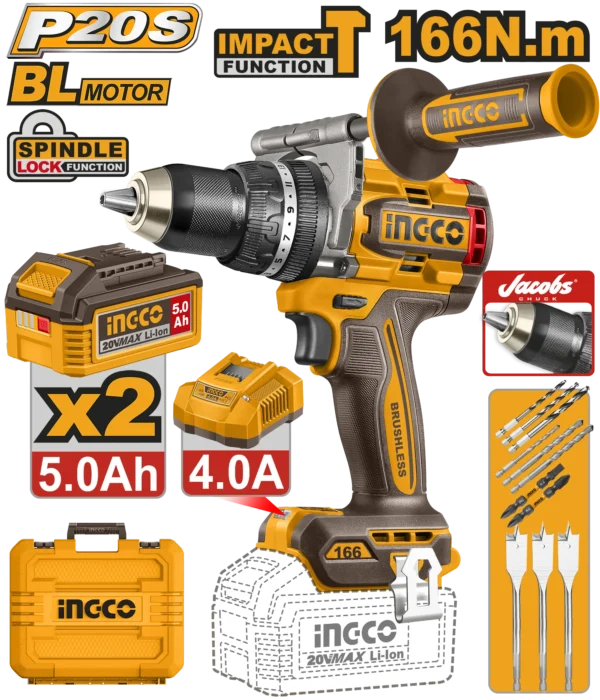 TALADRO DE IMPACTO 1/2" BL 20V 166N.M + 2 BAT 5.0AH + CARG + MALETA